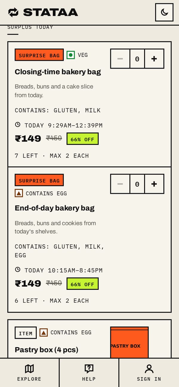 A shop's surplus in the Stataa app: a closing-time bakery bag for 149 rupees instead of 450.